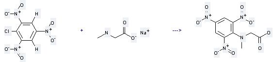 Sodium sarcosinate can react with 2-chloro-1,3,5-trinitro-benzene to get N-methyl-N-(2,4,6-trinitrophenyl)glycine.